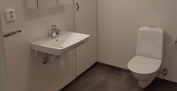 Bild från renoverat badrum i en av lägenheterna i Kantarellen.